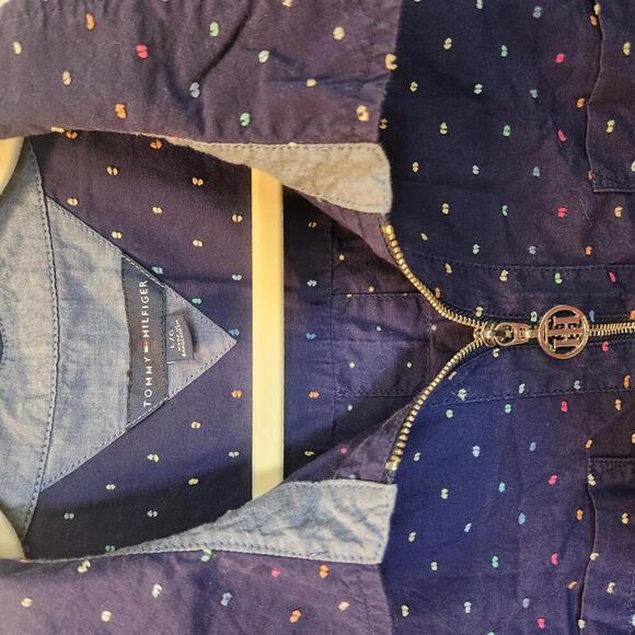 Tommy Hilfiger Women's Navy Zip-Up Shirt with Colorful Swiss Dots Size Large - Picture 2 of 9
